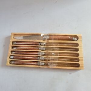 6 Laguiole Production Acier Inox Steak Knives Ivory Cream Handle in Wood Box